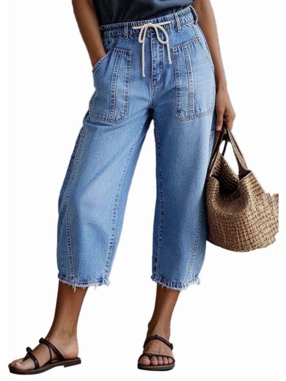 Flamingals Capri Barrel Leg Mid Waist Drawstring Trendy Jeans L